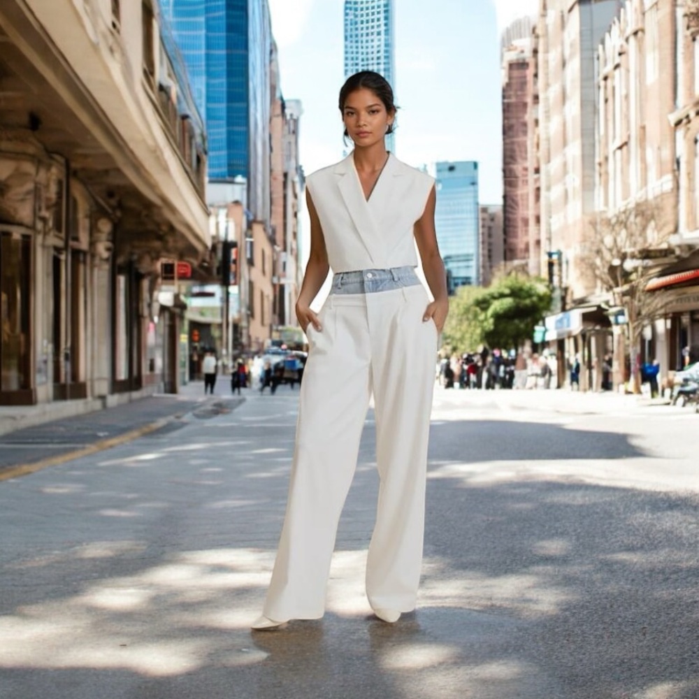 Elegant White Pants with Denim trim